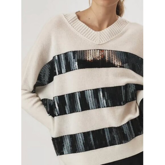Anthropologie Maeve Cashmere Sequin Sweater XS/S/L Ivory Black Stripe Causal - Picture 4 of 9